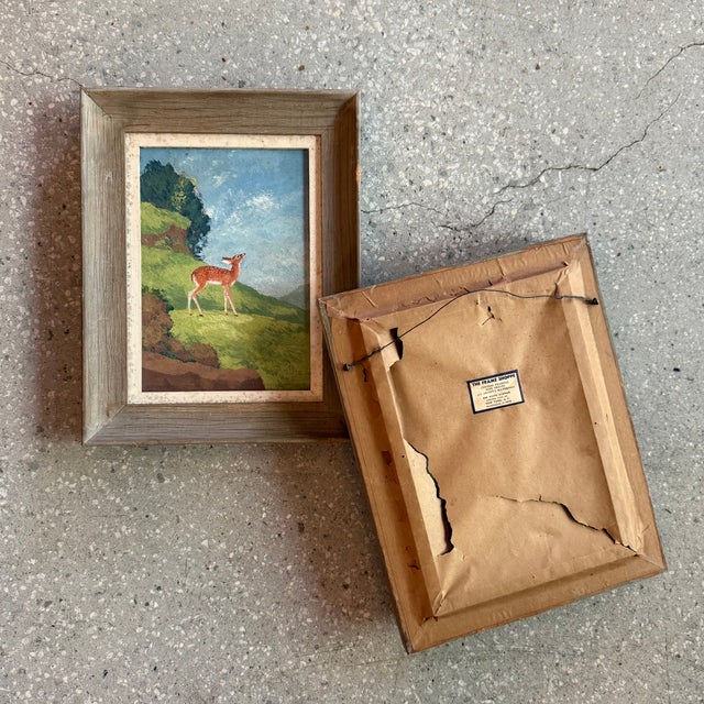 Late 20th Century Pair of Petite Framed Folk Art Landscape Deer Paintings For Sale - Image 9 of 10