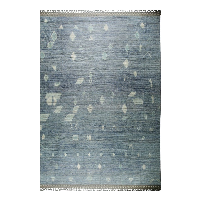 Marrakech Ocean Blue Hand-Knotted Wool Rug Carpet, Abstract Geometric Design For Sale