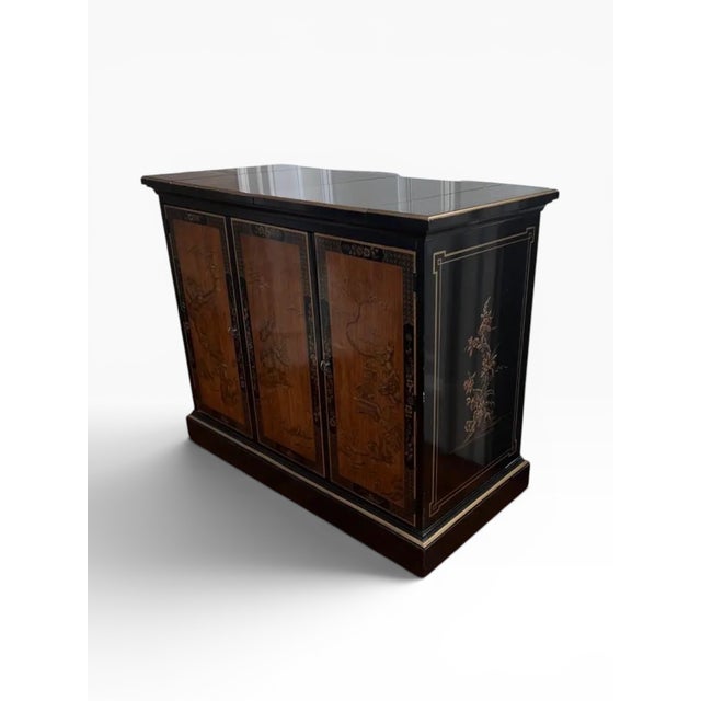 Drexel Drexel Heritage Chinoiserie Black Lacquer Bar Cabinet With Drop-Leaf Top For Sale - Image 4 of 11