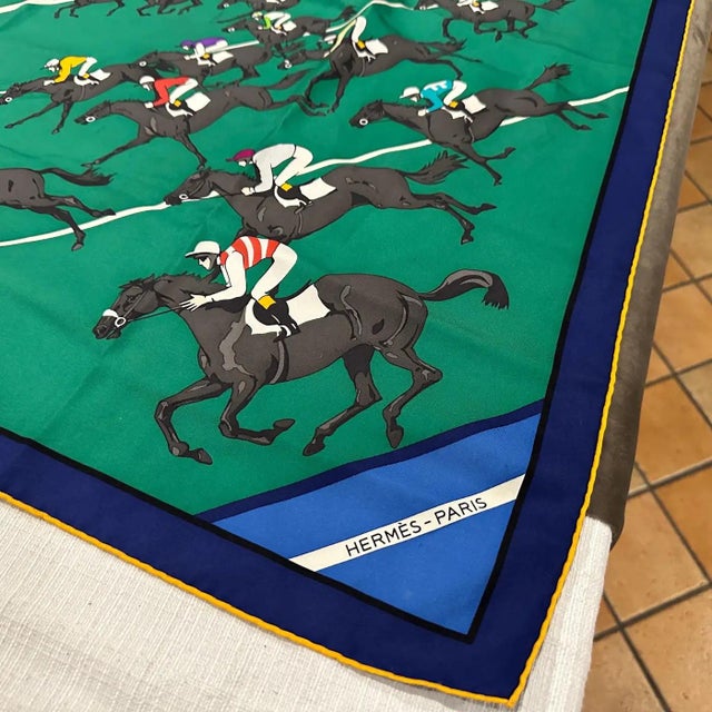 Textile 1980s Equestrian Style Silk Carré Scarf Le Courses by Hermes For Sale - Image 7 of 10