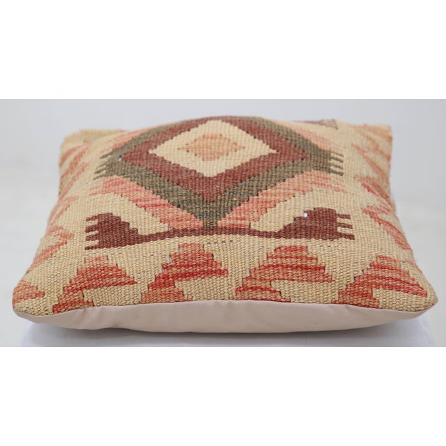 Tribal Arteverk Handwoven Afghan Kilim Pillow — Gold & Green Diamond Medallion For Sale - Image 3 of 3