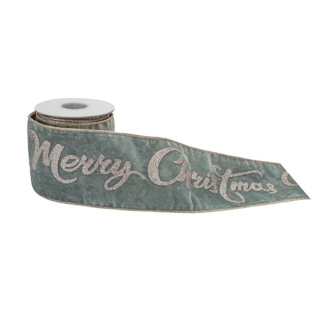 Celebrate the season with this festive glittered "Merry Christmas" wired ribbon. Featuring wintry blue and silver tones...