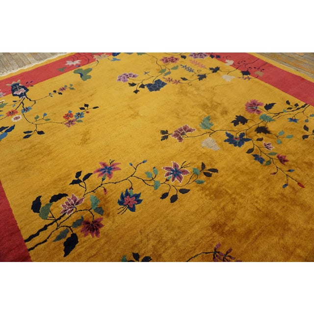 Mustard 1920s Yellow Minimalist Floral Antique Chinese Art Deco Carpet 9' X 11'6" Handknotted Wool Rug For Sale - Image 8 of 13