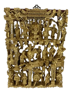 Early 20th Century Carved Gilt Wood Chinese War Scene Panel