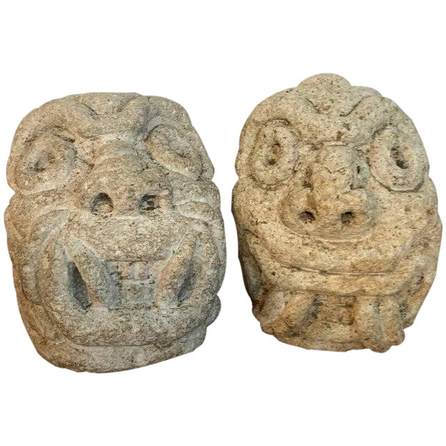Mid 19th Century Two Carved Mayan Deity Limestone Architectural Carvings or Elements For Sale