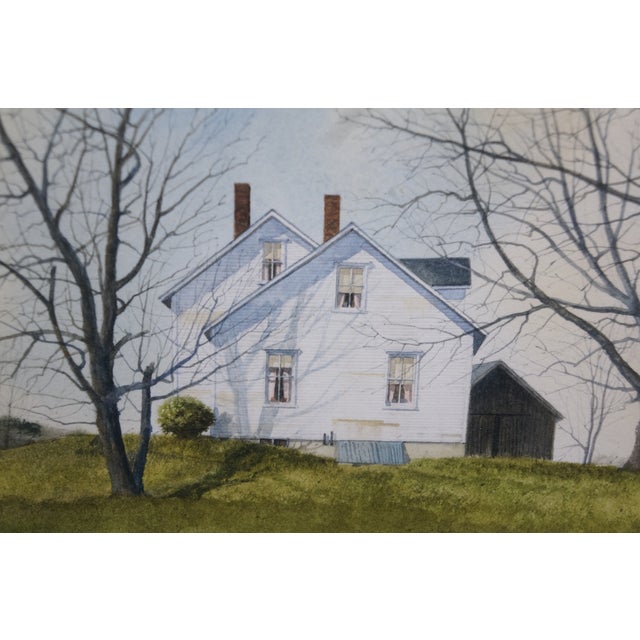 Thomas Puschock Farmhouse Barn Country Landscape Watercolor Painting 28" For Sale - Image 11 of 12