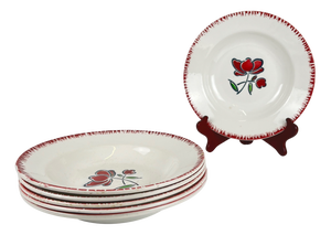 Porcelain Soup Plates with Red Flowers from Badonviller, 1950, Set of 6