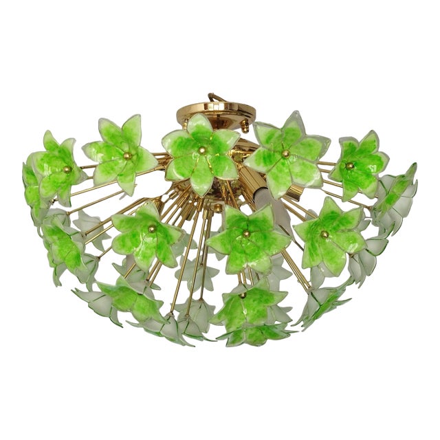 Green Floral Sputnik Flush Mount Chandelier 1980s Glass Flowers For Sale