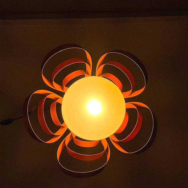 Modernist French Orange Metal Ribbon Hanging Lamp, 2000s For Sale - Image 4 of 14