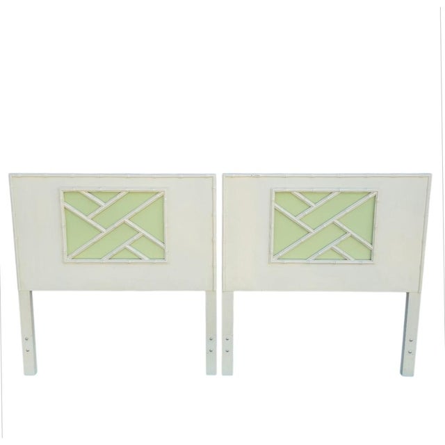 1970's Vintage Omega Chippendale Cream Celery Green Faux Bamboo Palm Beach Regency Twin Headboards 1 Nightstand- A Set 3 For Sale - Image 14 of 14
