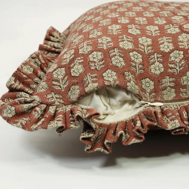 Fabdivine Handcrafted Block Print Frill Cushion Cover Rust 16x16 Inch Thick Linen- Tulsi Buti For Sale - Image 4 of 5