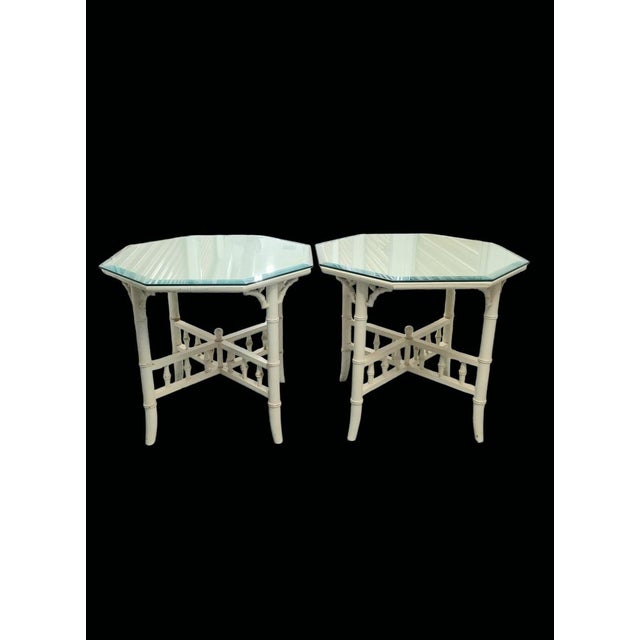 Hollywood Regency Vintage Off White Fretwork Faux Bamboo Octagonal Oversized Glass Top Side Tables- A Pair For Sale - Image 3 of 11