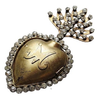 Antique Ex-Voto Flaming Heart of Marie Pomponne Wall Box with Rhinestones, 19th-20th Century For Sale