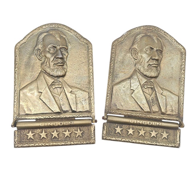 Mid-Century Modern Mid-Century American Brass Folding Bookends With Abraham Lincoln Portraits For Sale - Image 3 of 7