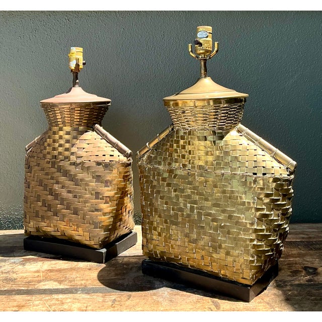 Vintage Chapman Woven Brass Table Lamps - A Pair For Sale - Image 9 of 12