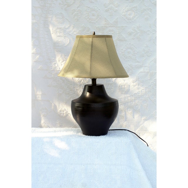 Contemporary 1990s Hammered Metal Black Lamp With Striped Lampshade For Sale - Image 3 of 9
