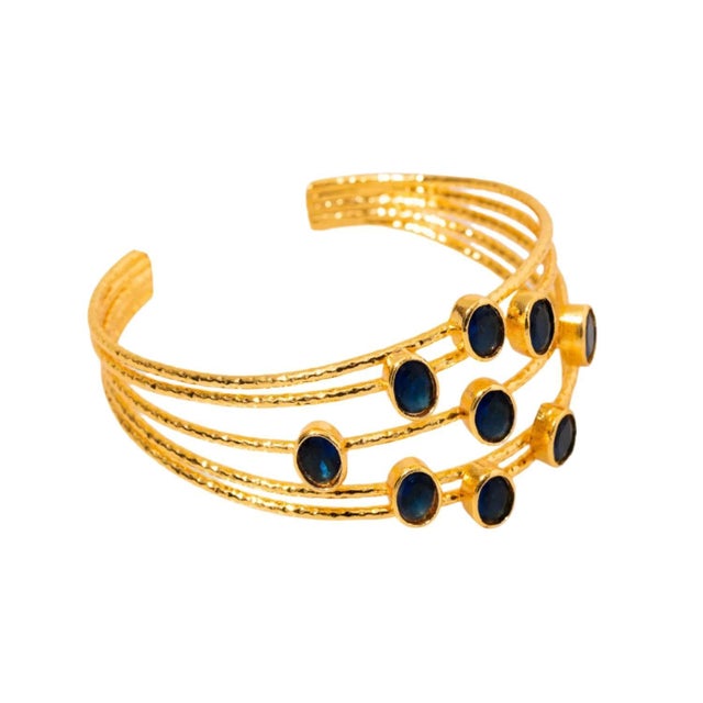 Contemporary Cleopatra Gold & Sapphire Stone Cuff Chunky Bracelet For Sale - Image 3 of 10