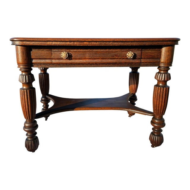 Antique Tiger Oak Library Table / Desk – Bailey, Jones & Co., Jamestown, n.y. For Sale