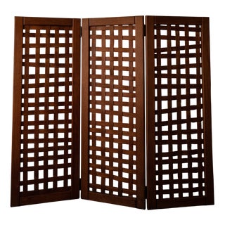 Vintage Wooden Room Divider or Folding Screen in Lattice Weave, 1970s For Sale