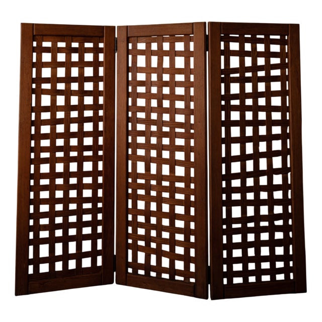 Vintage Wooden Room Divider or Folding Screen in Lattice Weave, 1970s For Sale