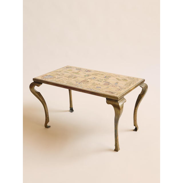 Hollywood Regency The Vintage French-Inspired Hollywood Regency Brass and Tile Map Coffee Table For Sale - Image 3 of 9