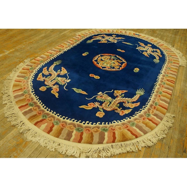 Vintage Art Deco Oval Hallway Runner Wool Beige, Blue Navy Rug, Circa Date: 1980s. This exceptional oval piece captures...