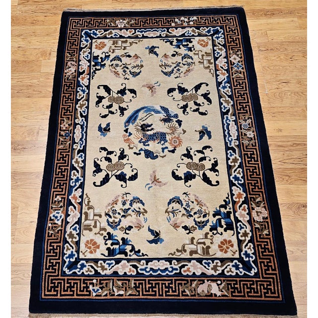 Ivory Vintage Chinese Art Deco Area Rug, Hand-Knotted Wool Pile, Ivory Field, 5' x 7' For Sale - Image 8 of 16