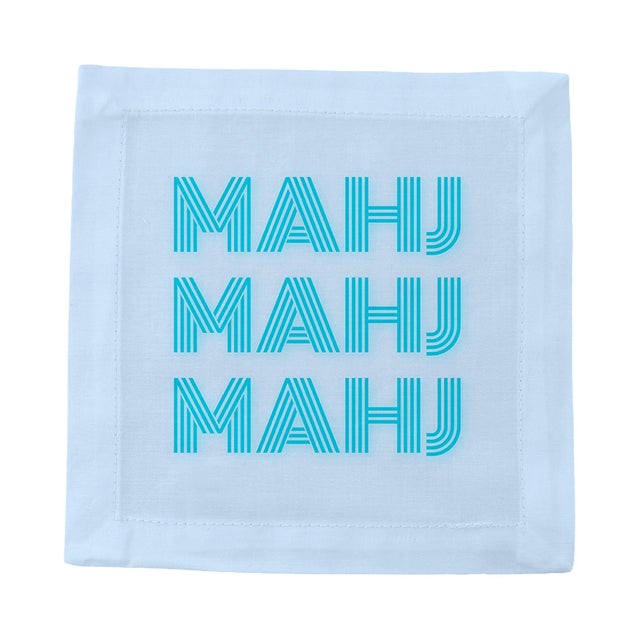 Pop Art Mahj Mahj Mahj Blue Mahjong Cotton Sateen Cocktail Napkins, Set of 4 For Sale - Image 3 of 5