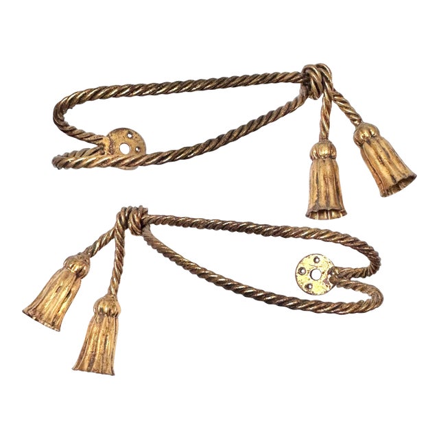 Pair of Vintage Italian Gilt Rope Curtain Tiebacks With Tassels – Hollywood Regency Drapery Hardware, Window Decor For Sale