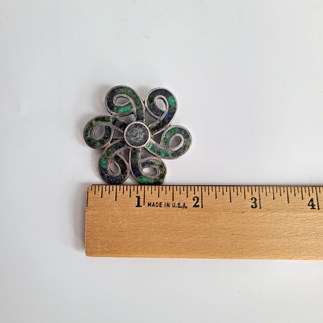 1970s Los Castillo Mexico Turquoise Malachite Lapis Swirl Sterling Brooch For Sale - Image 6 of 9