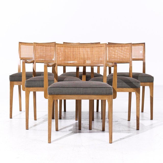 John Widdicomb Mid Century Cane and Bleached Mahogany Dining Chairs - Set of 6 Each armless chair measures: 19.5 wide x...