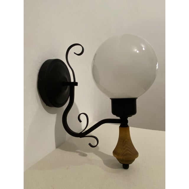 Mid-Century Modern Vintage Opal Glass Globe Wall Lamp with Wood Detail, Europe, 1970s For Sale - Image 3 of 16