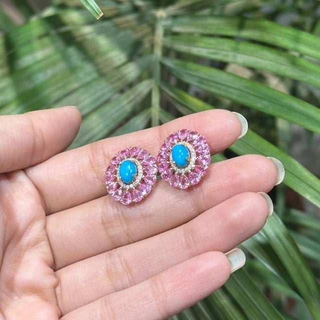 6.32ct Cabochon Turquoise Pink Sapphire & Diamond Floral Stud Earrings 14k Gold- A Pair For Sale In New York - Image 6 of 13