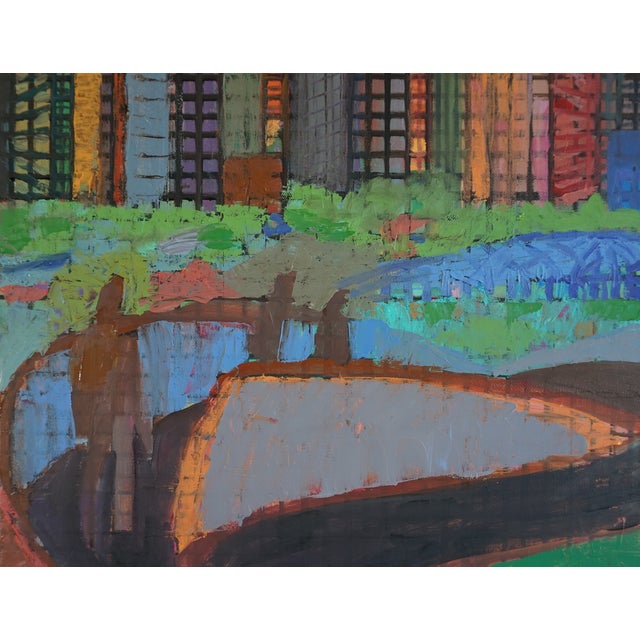 This is an expression of isolationism in a city. Figures walk quietly over a bridge. Buildings in the background of the...