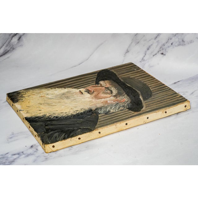 Captivating Bearded Man With Hat Antique Oil Painting Rustic Home Decor For Sale - Image 13 of 15