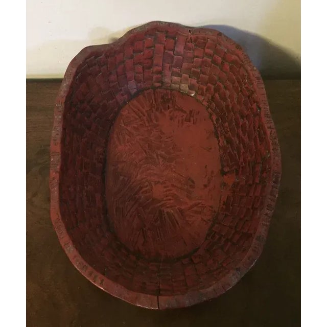 Early 20th Century Antique Japanese Red Lacquer Carved Wood Basketweave Centerpiece Bowl For Sale - Image 5 of 13
