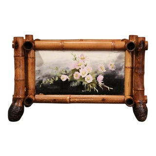 Early 20th Century French Bamboo Jardinière With Hand-Painted Floral Panels For Sale