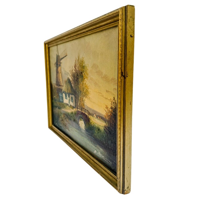 Vintage Mid-Century Belgian Landscape Oil Painting – Windmill & Cottage Scene For Sale In San Diego - Image 6 of 8