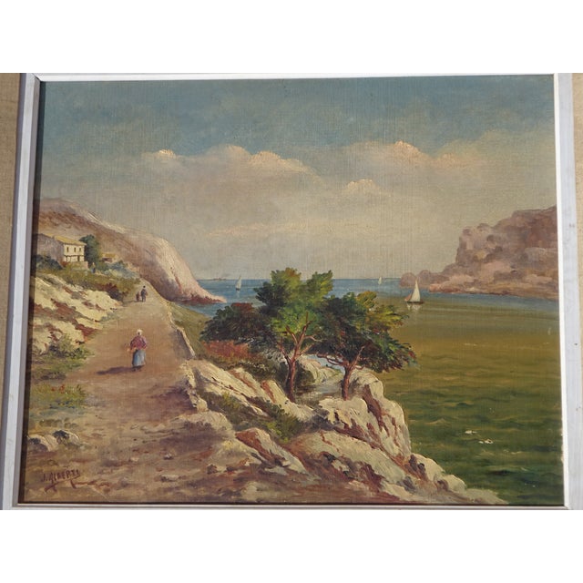 Antique painting, mid-19th century. 19th-century Provençal landscape: sea, calanque path, Aleppo pine. Realistic depiction...