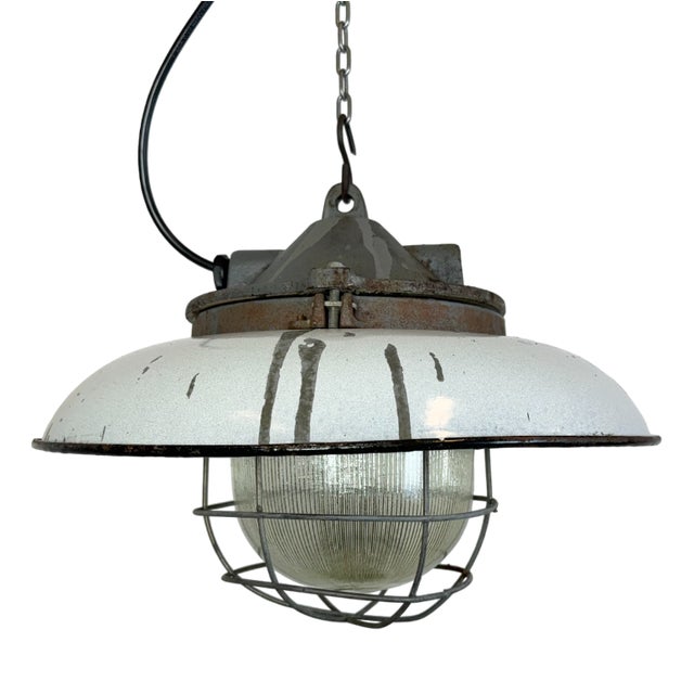 Industrial Grey Enamel Factory Cage Pendant Lamp in Cast Iron from Zaos, 1960s For Sale
