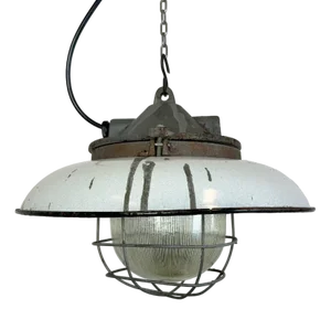 Industrial Grey Enamel Factory Cage Pendant Lamp in Cast Iron from Zaos, 1960s