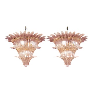 Lot of 2 Mid-Century Modern Pink “Palmette” Murano Glass Chandeliers a Pair For Sale