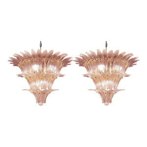 Lot of 2 Mid-Century Modern Pink “Palmette” Murano Glass Chandeliers a Pair