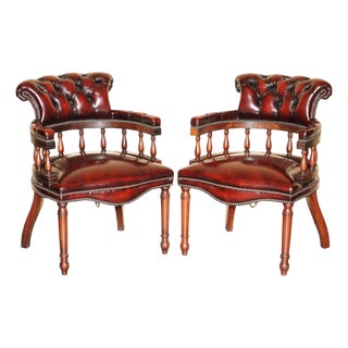 Oxblood Leather Chesterfield Captain's Chairs with Floor Lock Rings, Set of 2 For Sale