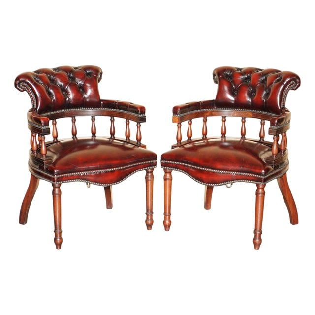 Oxblood Leather Chesterfield Captain's Chairs with Floor Lock Rings, Set of 2 For Sale