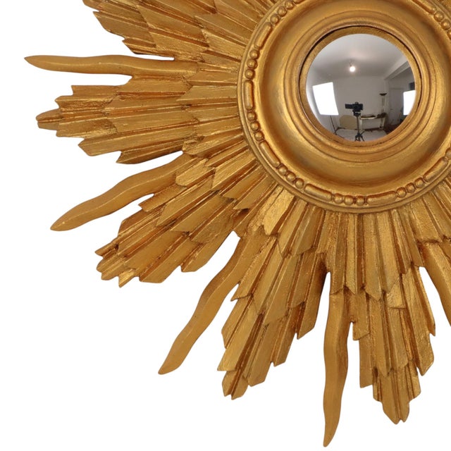 Vintage Convex Sunburst Mirror in Gilt Wood, 1950s For Sale - Image 4 of 17