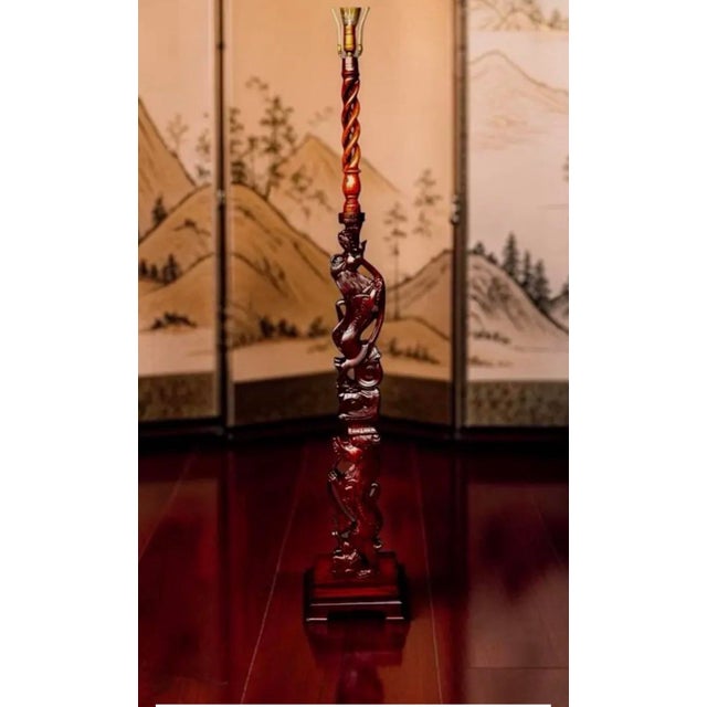 Vintage Mid-Century Highly Ornate Double- Guardian Lion Floor Lamp with Double Helix/Barley Twist top section. Make a...