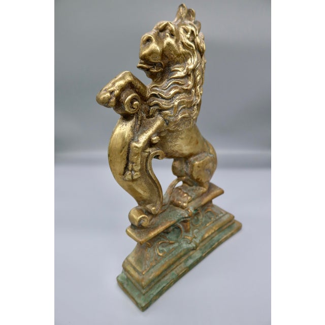 Victorian Large Antique Brass Rampant Lion Door Stopper, Andiron Finial, Heraldic Fireplace Ornament For Sale - Image 3 of 6