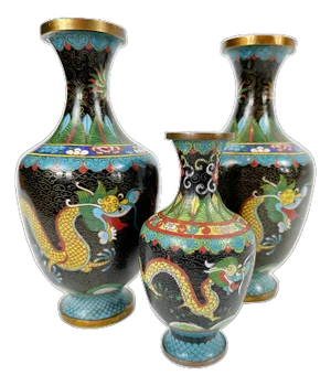Antique Chinese Qing Dragon Cloisonne Enamel Vases - Set of 3