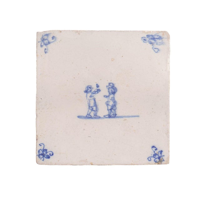 17th Century Pair of Delft Double Figure Faience Tiles in Cobalt Blue, C. 1600’s For Sale - Image 5 of 7